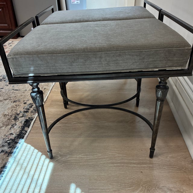 Stanley Furniture Pair of Stanley Furniture “Villa Couture Caterina”Velvet Benches in Antique Bronze For Sale - Image 4 of 5