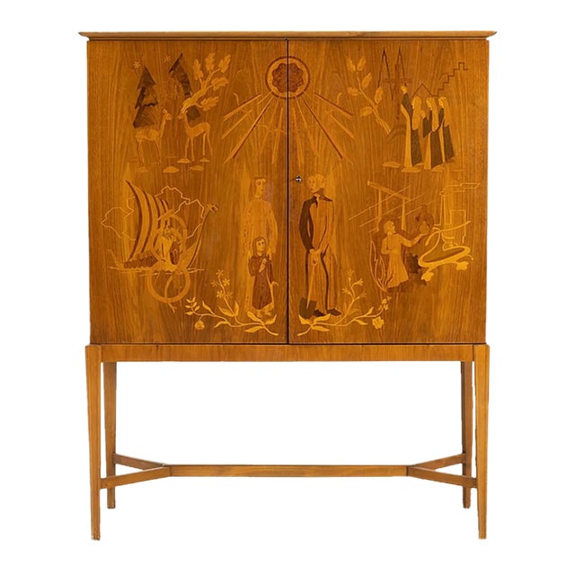 1940s Detailed Intarsia Walnut Swedish Cabinet by Erik Mattson For Sale