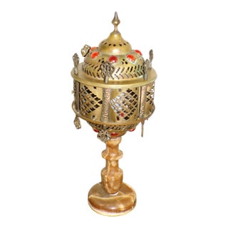 Vintage Moroccan Middle Eastern Turkish Jeweled Brass Table Lamp Marble Base For Sale