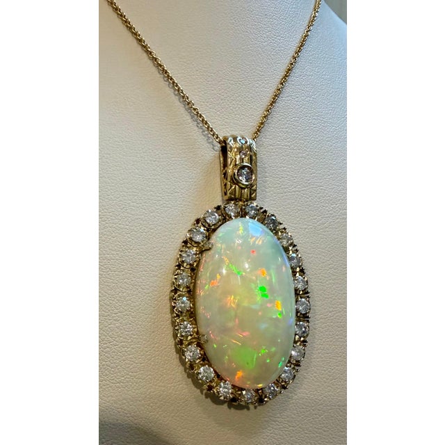 36 Ct Oval Ethiopian Opal & 2.5 Ct Diamond Pendant 14 Karat Yellow Gold Necklace For Sale - Image 9 of 18