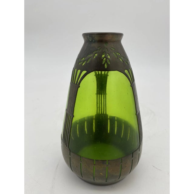 1900 - 1909 Circa 1900s French Art Nouveau Copper & Green Glass Vase For Sale - Image 5 of 6