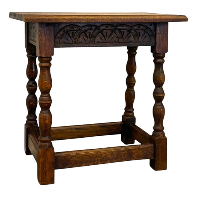 Antique Welsh Carved Wooden Joint Stool Side Table With Turned Legs Uk Import For Sale