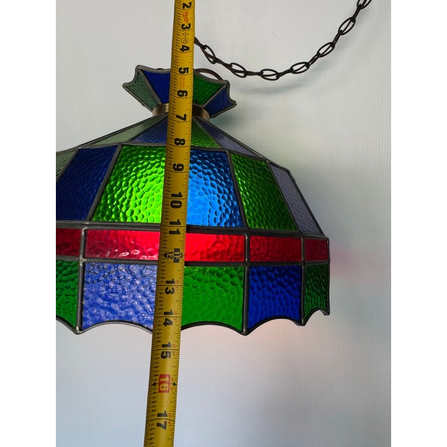 Frank Lloyd Wright 1970s Geometric Stained Glass Pendant Light Fixture For Sale - Image 4 of 6