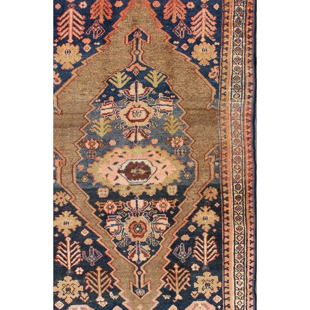 Tribal Tribal Medallion Design Antique Persian Serab Rug in Camel and Shades of Blue For Sale - Image 3 of 13