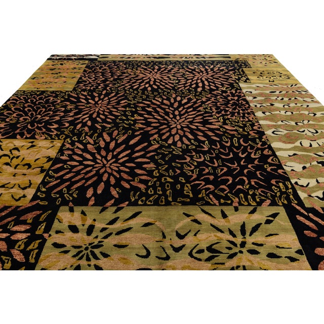 Modern Hand-Knotted Wool Area Rug – Abstract Botanical Floral Burst & Patchwork For Sale - Image 11 of 12