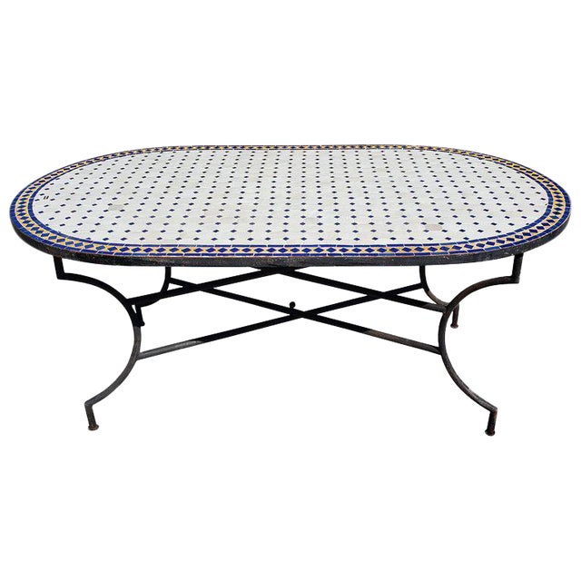Moroccan Oval Simple White Mosaic Dining Table For Sale