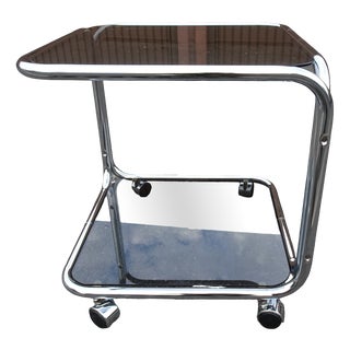 Vintage Italian Chrome and Smoked Glass Rolling Side Table, 1970s For Sale