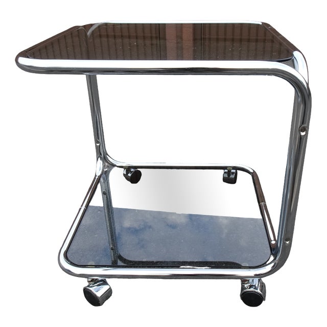Vintage Italian Chrome and Smoked Glass Rolling Side Table, 1970s For Sale