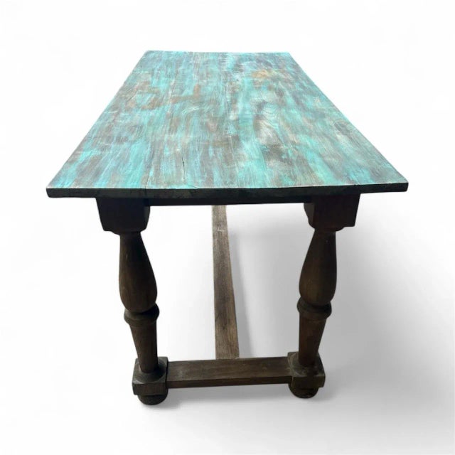 This entry or dining table features a rustic design with turned wooden legs and a distressed turquoise-painted top,...