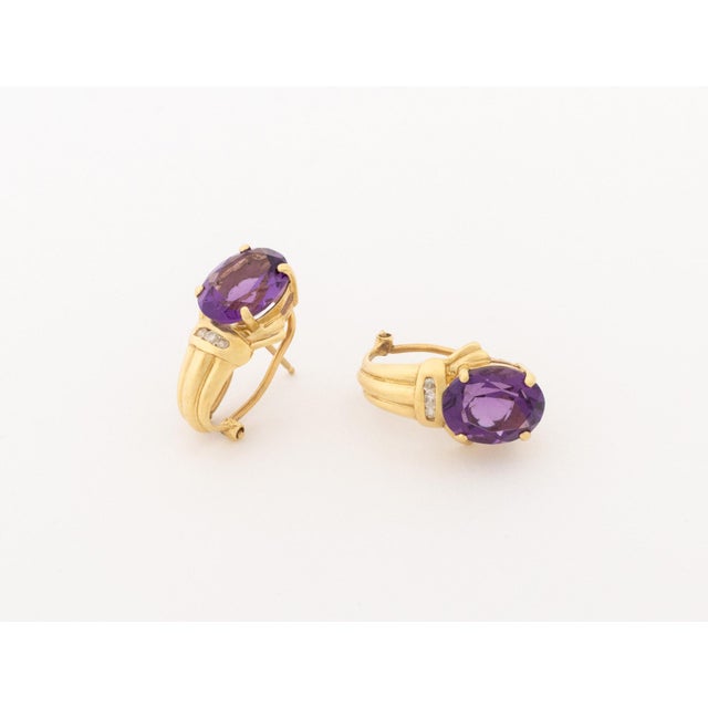 Late 20th Century 14k Yellow Gold Amethyst and Diamond Hoop Earrings For Sale - Image 5 of 7