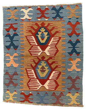 Small Vintage Turkish Red, Blue, and Brown Wool Kilim Rug, 1950s