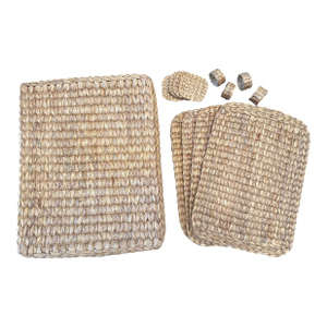 Vintage Woven Seagrass Set of Four Placemats, Napkin Rings and Coasters in a Woven Seagrass Box