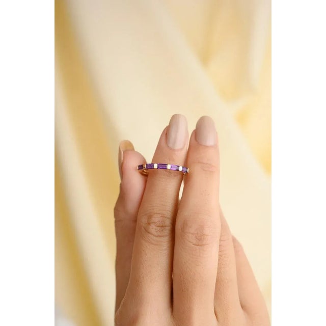14k Yellow Gold Stackable Amethyst Half Band Ring Size 5 For Sale - Image 4 of 9