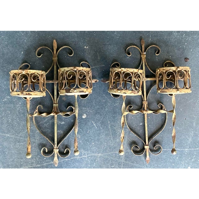 Rustic Vintage Boho Distressed Wrought Iron Candle Sconces- A Pair For Sale - Image 3 of 12