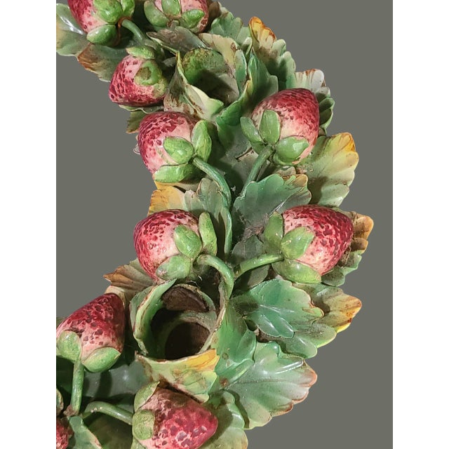 Vintage Pair Italian Majolica Hand Painted Fruit George Jones Style Strawberry Candle Holders For Sale - Image 4 of 14