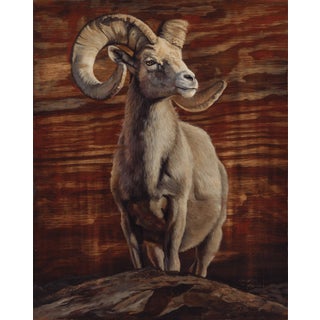 Crowned by the Wild by Terra Novak | Oil on wood of a ram against a wooden background For Sale