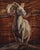 Crowned by the Wild by Terra Novak | Oil on wood of a ram against a wooden background For Sale