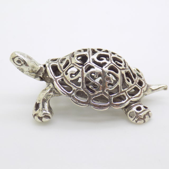 Metal Vintage Italian Handmade Genuine Silver Perforated Turtle Figurine Miniature For Sale - Image 7 of 12