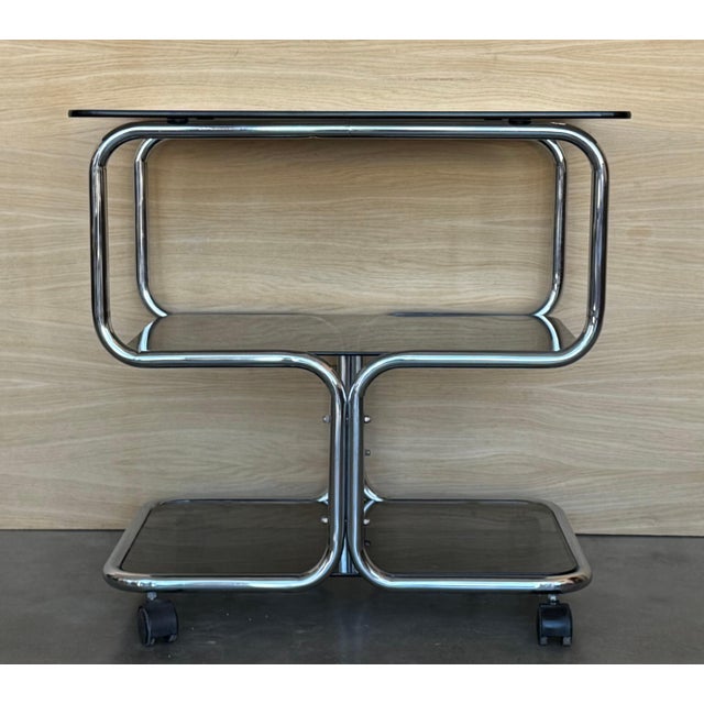 Mid Century Sleek Italian Three Tier Chrome and Glass Drinks Trolley On Castors For Sale - Image 10 of 18