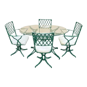 Mid 20th Century Vintage Hollywood Regency Faux Bamboo Lattice Metal Green Dining Set - 5 Pc Set