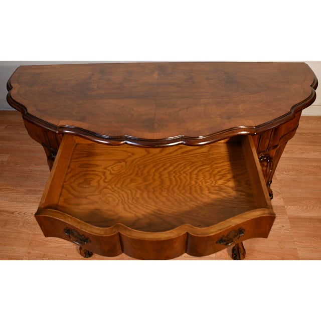 Brown 1920 Antique English Regency Burl Walnut Console Table One Drawer Accent Table For Sale - Image 8 of 15