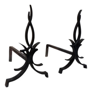 1940s A Pair of Wrought Iron Andirons by French Designer Raymond Subes. For Sale