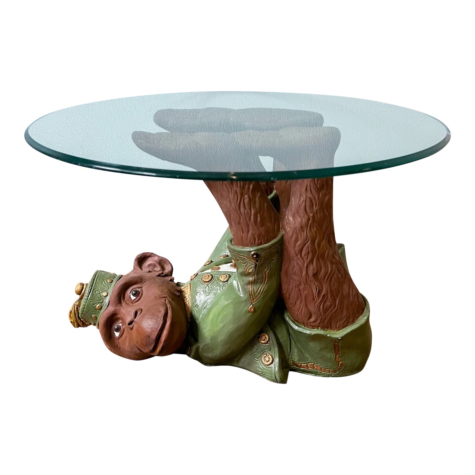 1960's Plaster Bell Hop Monkey Side Table With Glass Top