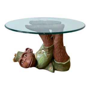 1960's Plaster Bell Hop Monkey Side Table With Glass Top