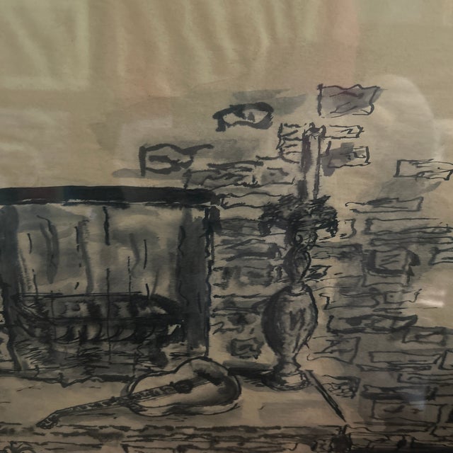 Mid-Century Modern MCM 1940s Wpa Charcoal & Ink Interiors Painting /Framed For Sale - Image 3 of 7