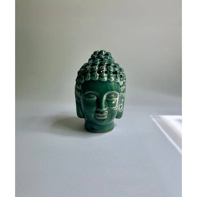 Vintage Pierced Glossy Green Glazed Ceramic Buddha Head For Sale - Image 16 of 16
