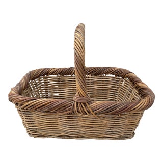 Vintage French Thick Woven Wicker Handled Basket For Sale