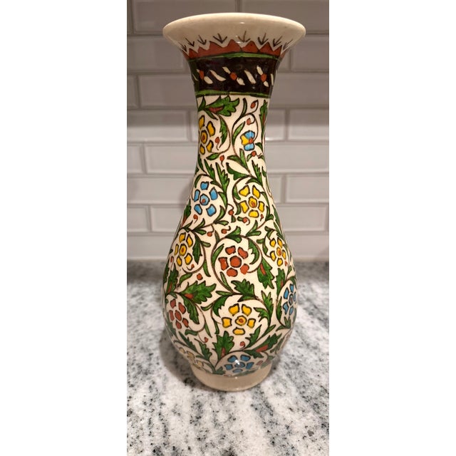 Vintage Turkish Hand-Painted Iznik-Style Floral Ceramic Vase For Sale - Image 4 of 8