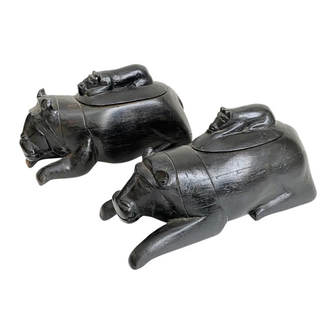 1950s African Folk Art Figurines - Black Carved Wood Lidded Hippos For Sale - Image 5 of 7