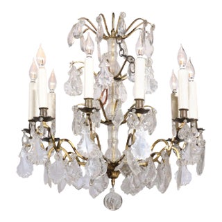 1900s French Ten-Light Crystal Chandelier with Brass Armature For Sale