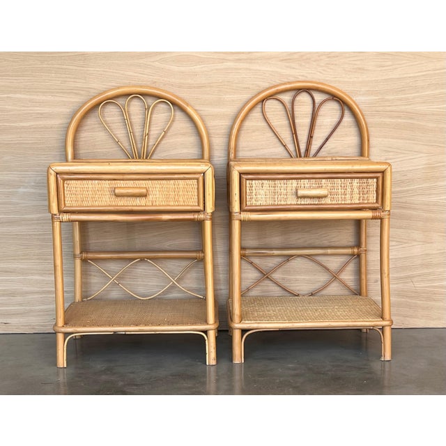 Pair of Split Reed Bamboo Rattan Nightstands with Drawer and Low Tier, 1970s For Sale - Image 16 of 18