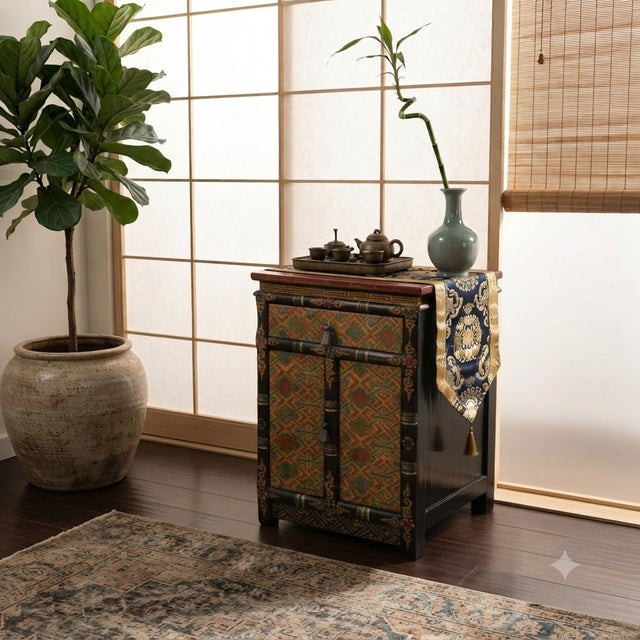Tibetan Style Geometric Graphic Brown Golden Yellow End Table Nightstand For Sale - Image 9 of 10