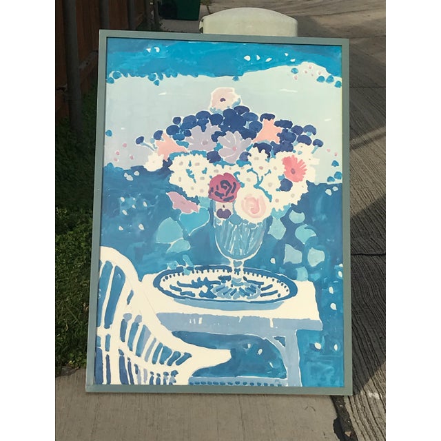 Abstract Vintage Framed Blue Floral Watercolor Print For Sale - Image 3 of 13