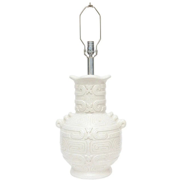 Italian Vintage Crackled Glazed Ceramic Monumental Table or Desk Lamp Aztec Design For Sale - Image 11 of 11