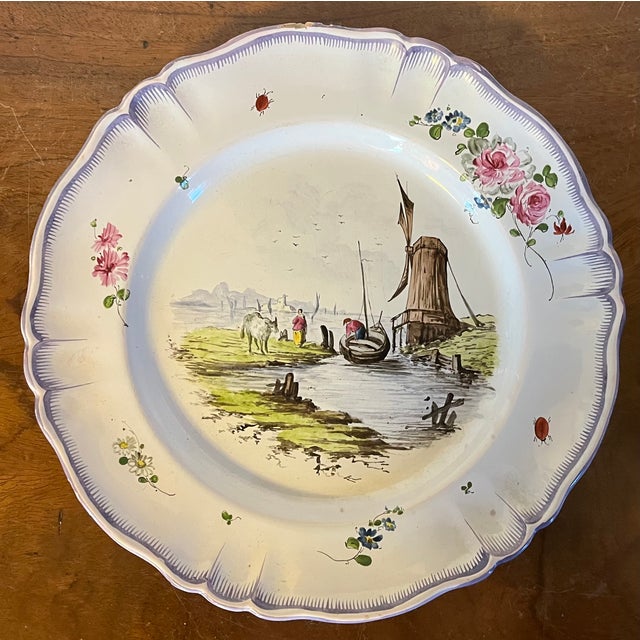 Late 18th Century Antique 18th Century French Veuve Perrin Faience Landscape Plates With Ruins and Windmill - A Pair For Sale - Image 5 of 11