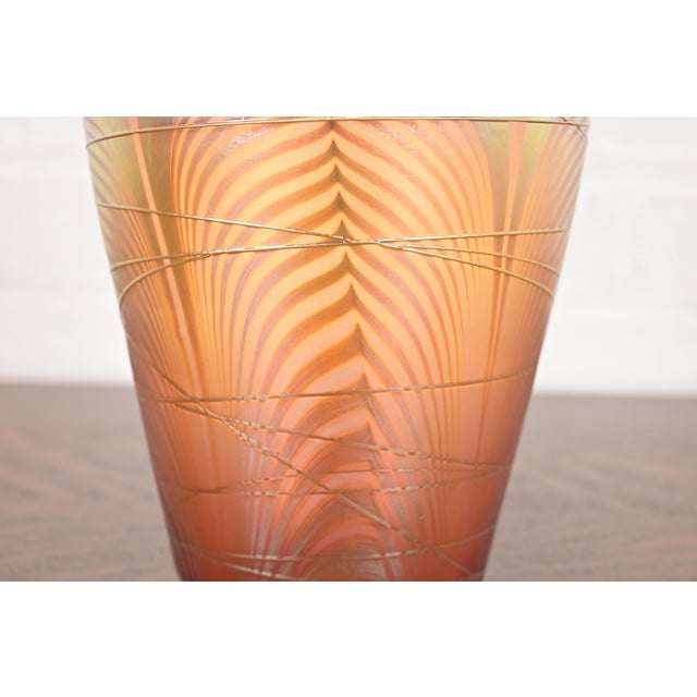Pink Louis Comfort Tiffany Style Iridescent Art Glass Pulled Feather Vase by Stephen Correia For Sale - Image 8 of 13