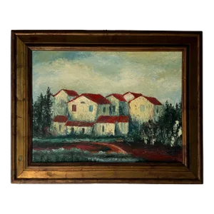 70's Vintage Mediterranean - Village Impressionist Oil Painting, Framed