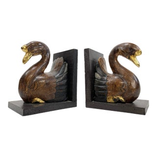 Vintage Wooden Swan Bookends With Gilt Detail For Sale