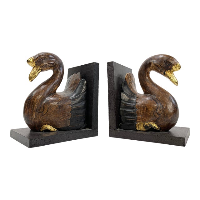 Vintage Wooden Swan Bookends With Gilt Detail For Sale
