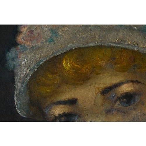 Belgian Interbellum Artist, Portrait of a Woman in Flowered Bonnet, 1920s-1940s, Oil Painting, Framed For Sale - Image 8 of 11