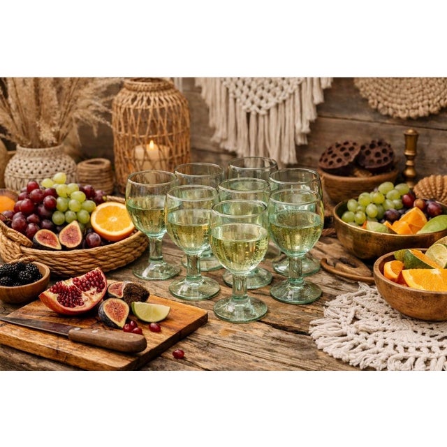 Mexican Vintage Hand Blown Mexican Green Tinted Wine Goblets - Set of 8 For Sale - Image 3 of 5