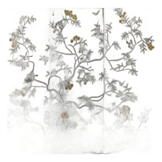 Taupe Chinoiserie Mural | 3-Panel Hand-Painted Floral & Bird Wallpaper For Sale
