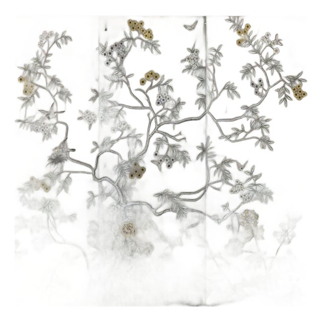 Taupe Chinoiserie Mural | 3-Panel Hand-Painted Floral & Bird Wallpaper For Sale