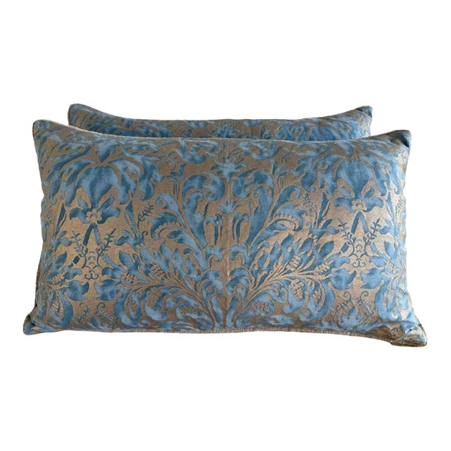 Pair of Custom Fortuny Textile Pillows With Velvet Backs For Sale
