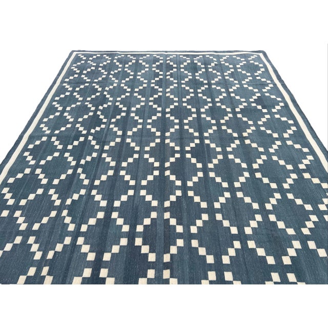 Slate Gray Handmade Cotton Rug, Contemporary Slate Gray & Cream Diamond Pattern Dhurrie - 8'x10' For Sale - Image 8 of 11