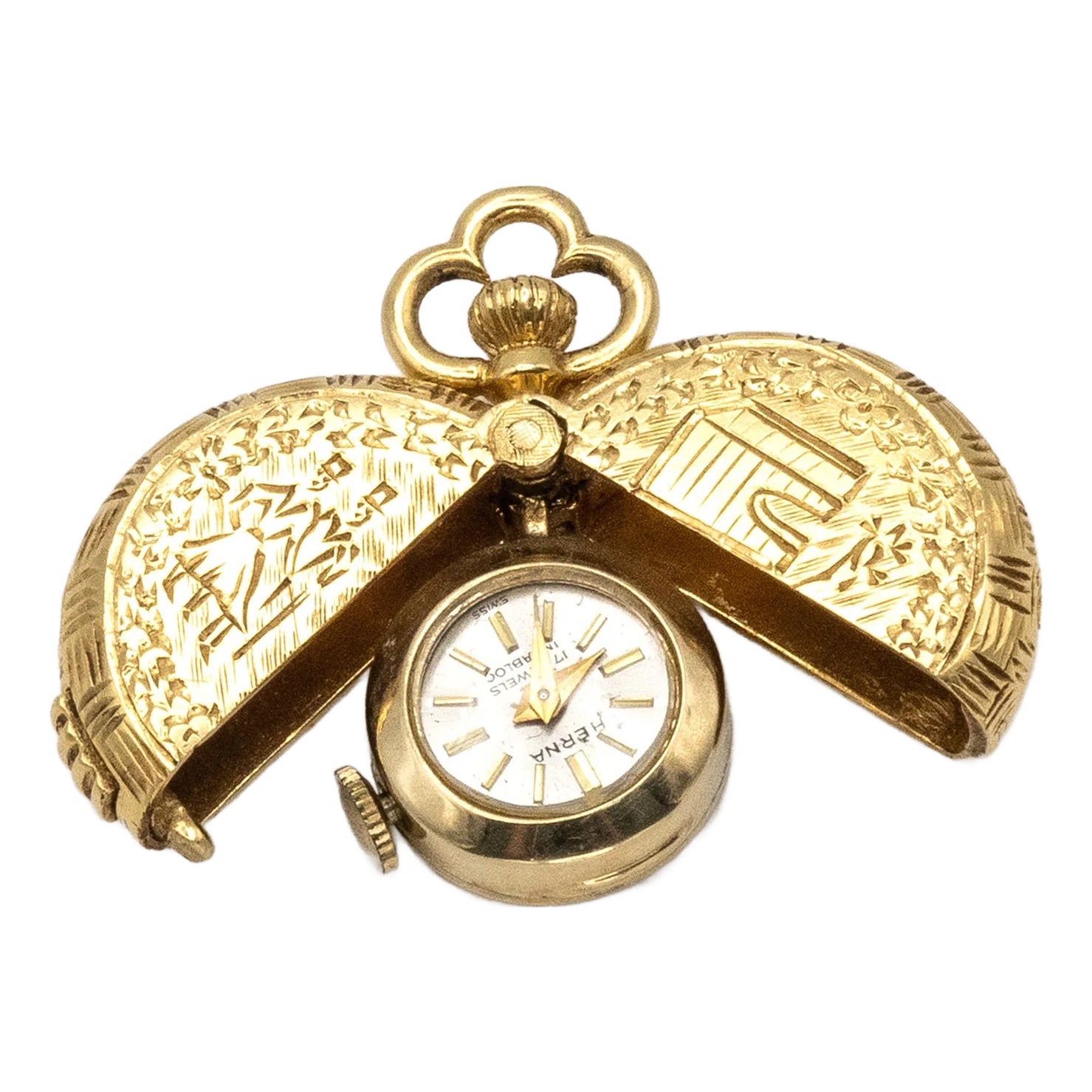 1960s Herna 14k Yg Pocket Watch With 18k Gold Engraving Hinged